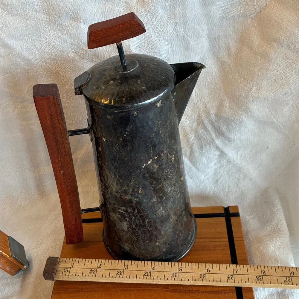 Silver-plated Coffee or Tea Pot + Teak Cheese Board hammered texture wood handle